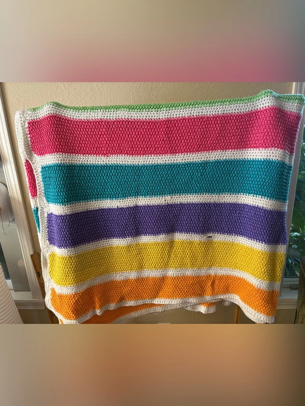Handmade Crochet Striped Colorblock Throw - Bright Rainbow Colors Large